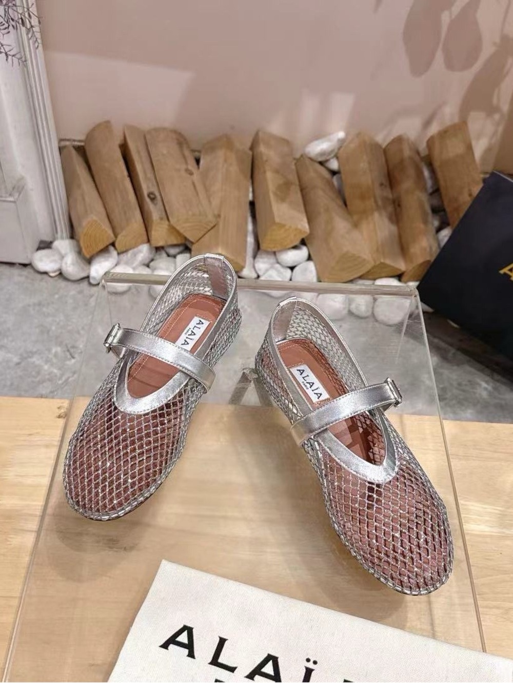Alaia Silver Mesh Mary Jane Flats with Metallic Strap